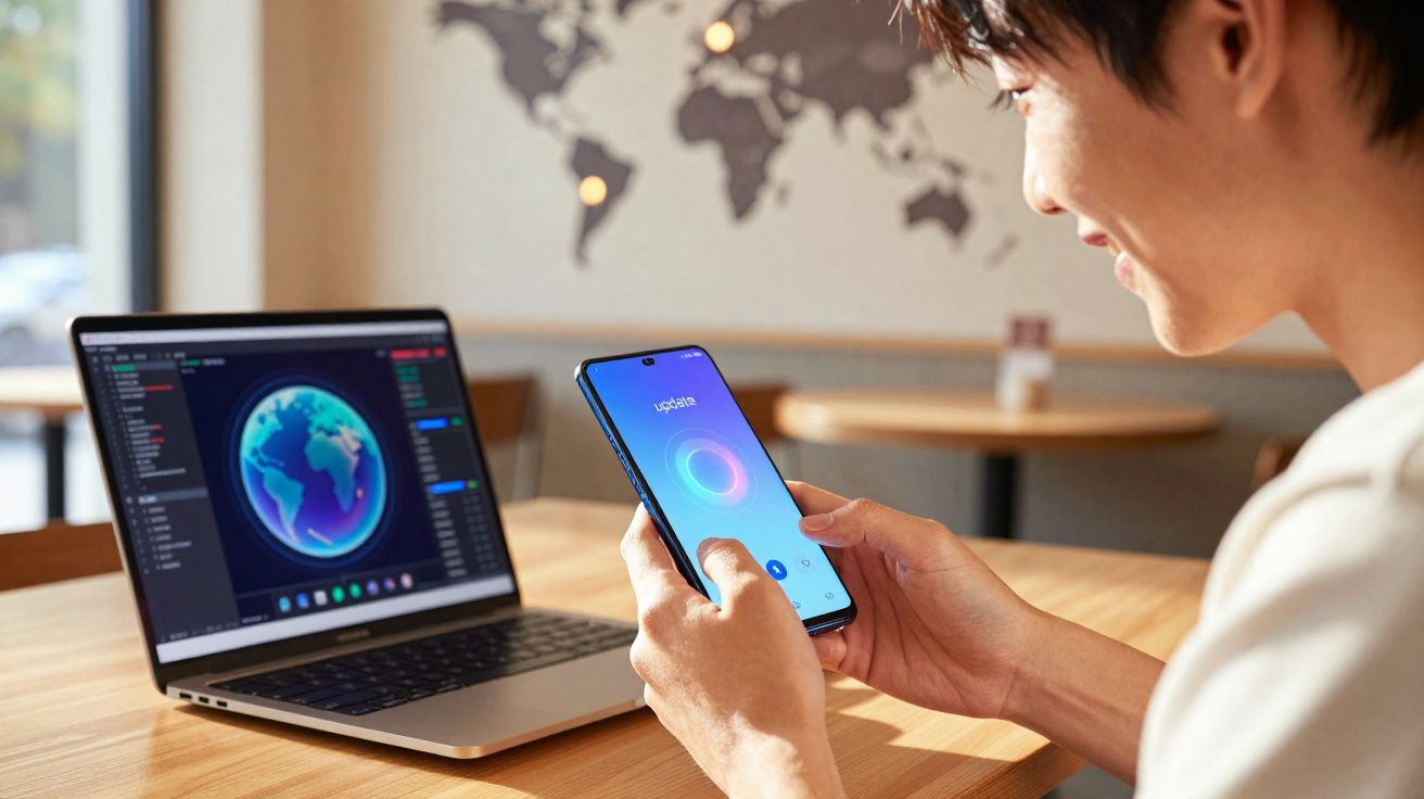Persona utilizando un smartphone con aplicación de actualización junto a un portátil con imagen de un globo terráqueo.