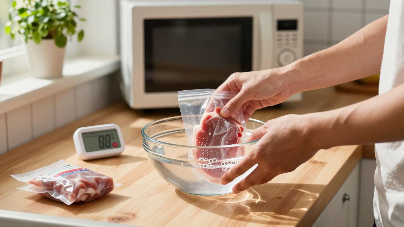 Manos sumergen carne en bolsa al vacío en un bol con agua para descongelar en cocina luminosa.