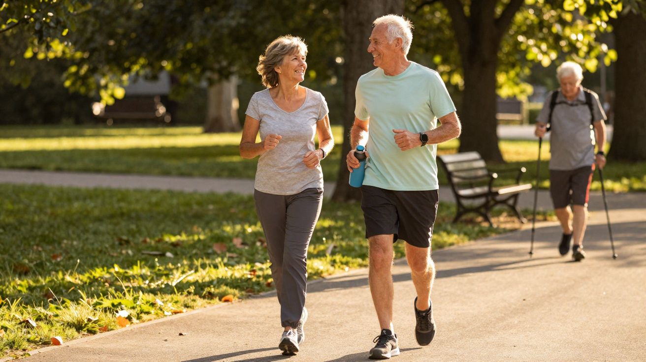 Pareja mayor corriendo y caminando en un parque soleado con árboles y bancos al fondo.