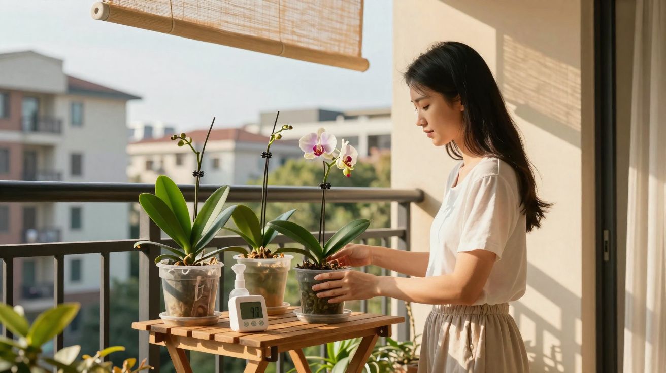 Mujer cuidando orquídeas en macetas sobre una mesa en un balcón soleado con edificios al fondo.