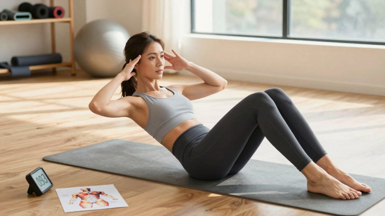 Mujer haciendo abdominales en una esterilla con ropa deportiva en una habitación luminosa.