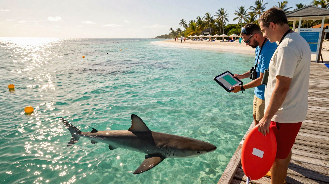 Dos hombres observan un tiburón junto a un muelle en una playa con palmeras y agua cristalina.