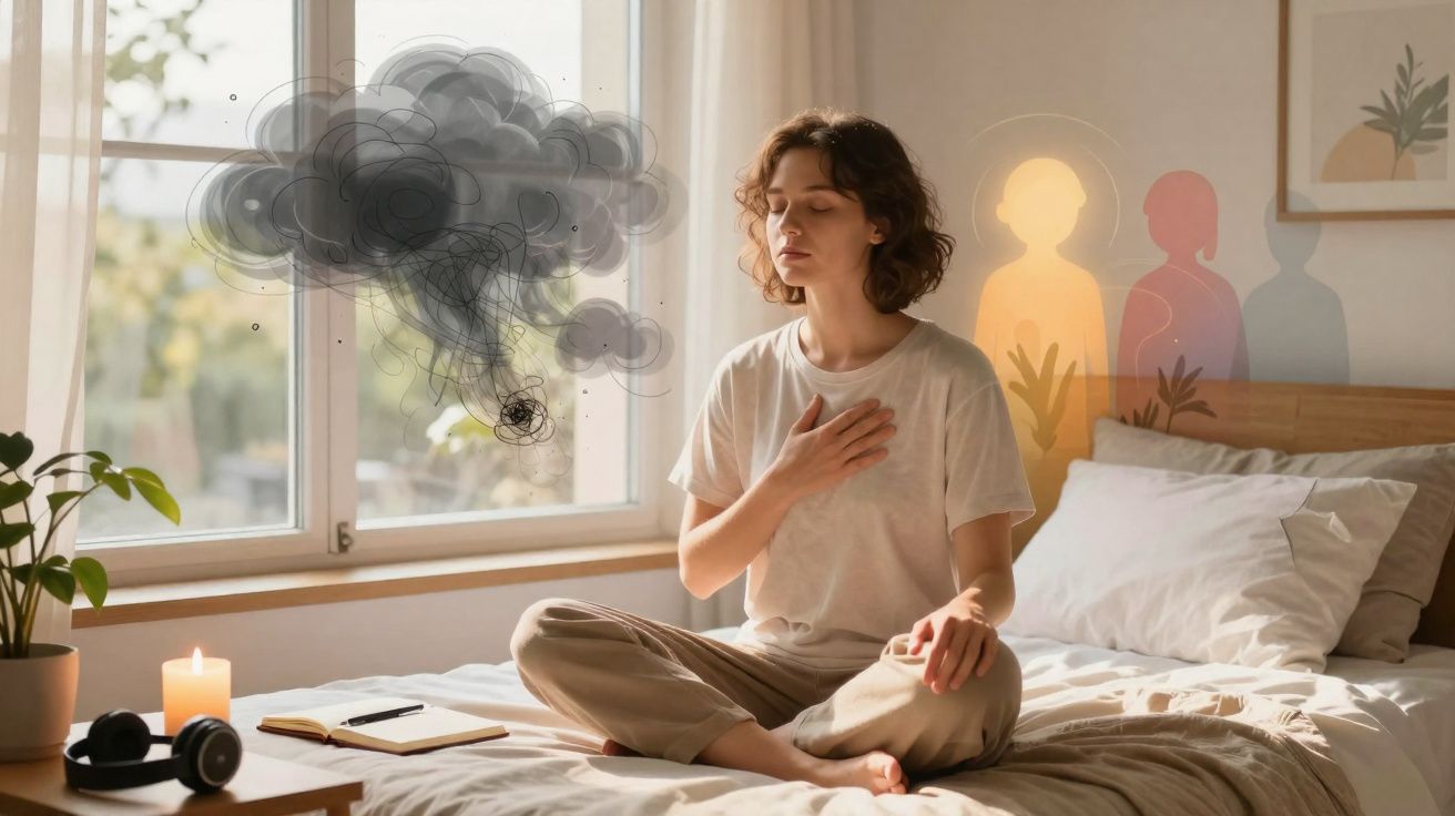 Mujer sentada en cama meditando, con nubes oscuras y sombras coloridas reflejando emociones en la pared.