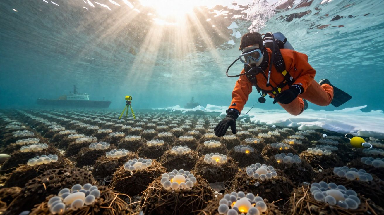 Buzo en traje naranja inspecciona huevos flotando en redes bajo el agua con barcos y sol de fondo.