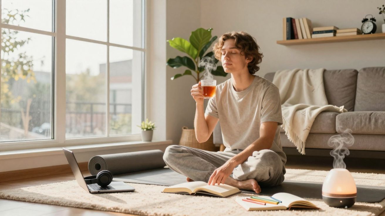 Joven sentado en el suelo junto a ventana, leyendo y disfrutando de una bebida caliente con difusor aromático encendido.