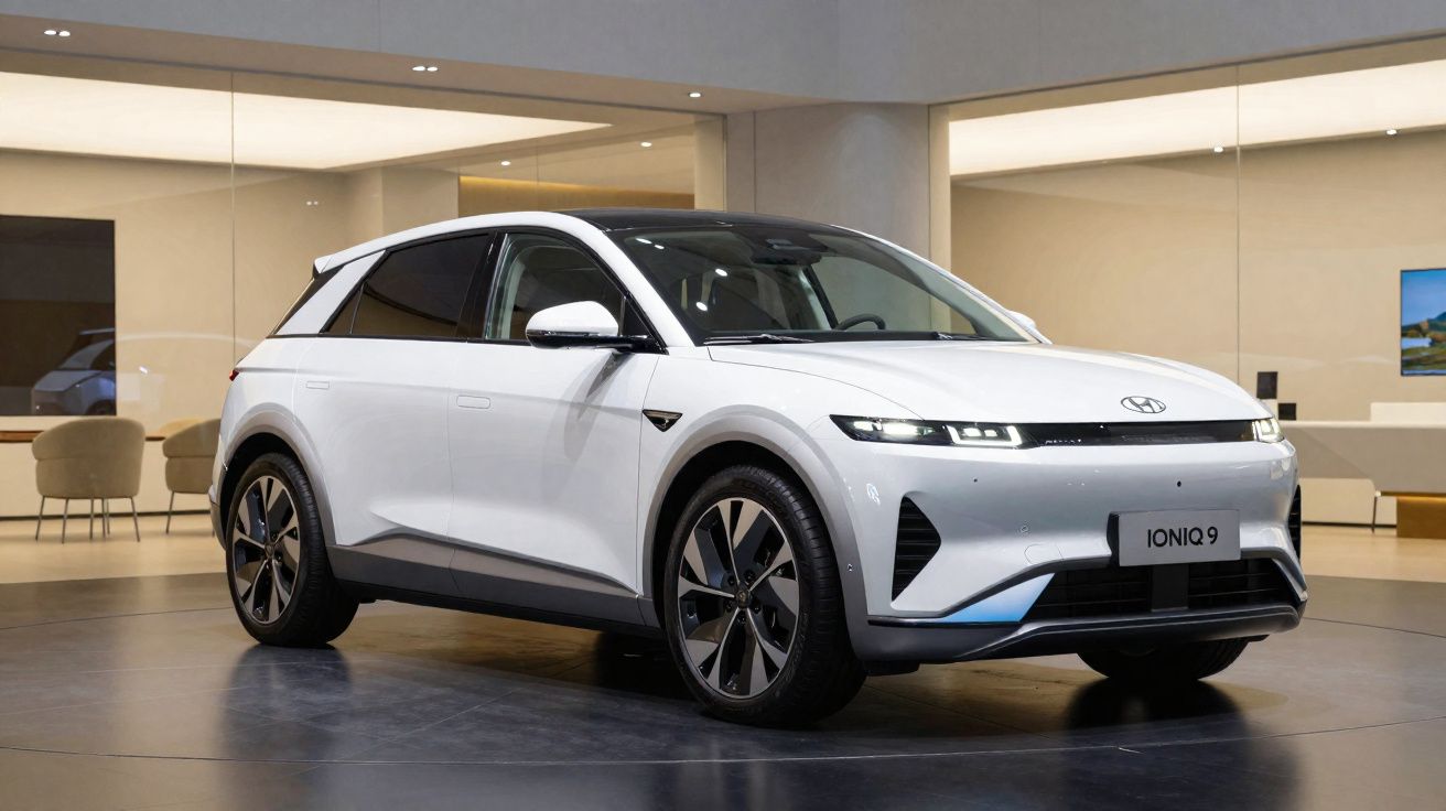 Coche eléctrico Hyundai Ioniq 5 blanco en exposición interior con diseño moderno y luces LED delanteras.