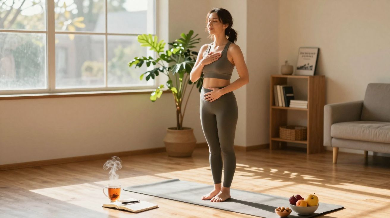 Mujer haciendo ejercicio de respiración consciente en una esterilla con luz natural y té al lado.