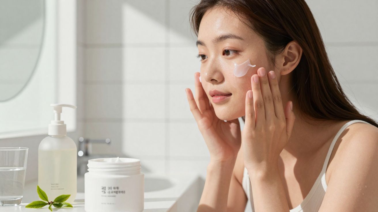 Mujer aplicándose crema facial en un baño con tarro de crema y gel al lado, luz natural ilumina la escena.