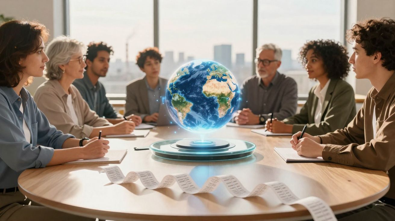 Personas sentadas en mesa redonda con holograma del planeta Tierra en el centro, en sala de reuniones.