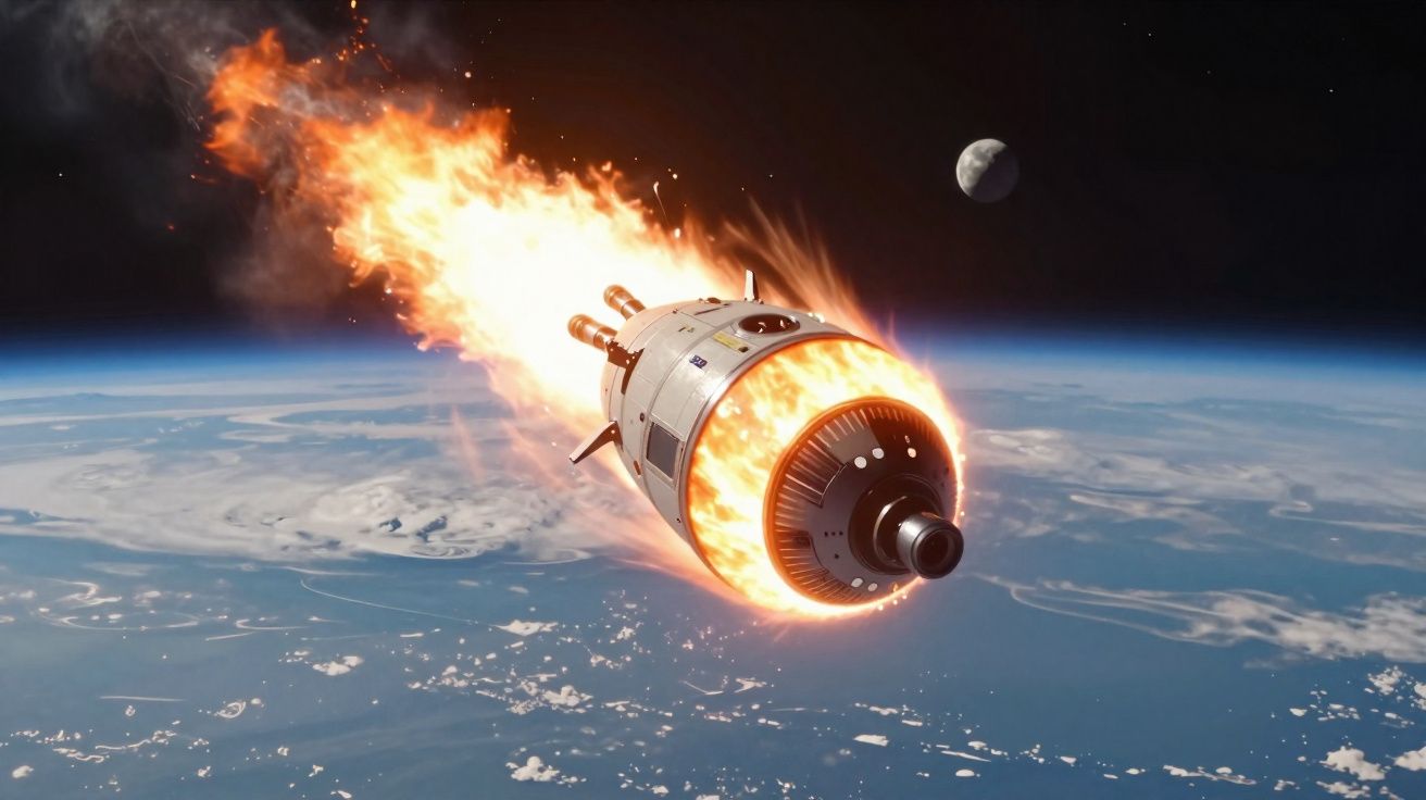 Nave espacial entrando en la atmósfera terrestre con fuego visible y la Tierra y la Luna al fondo.