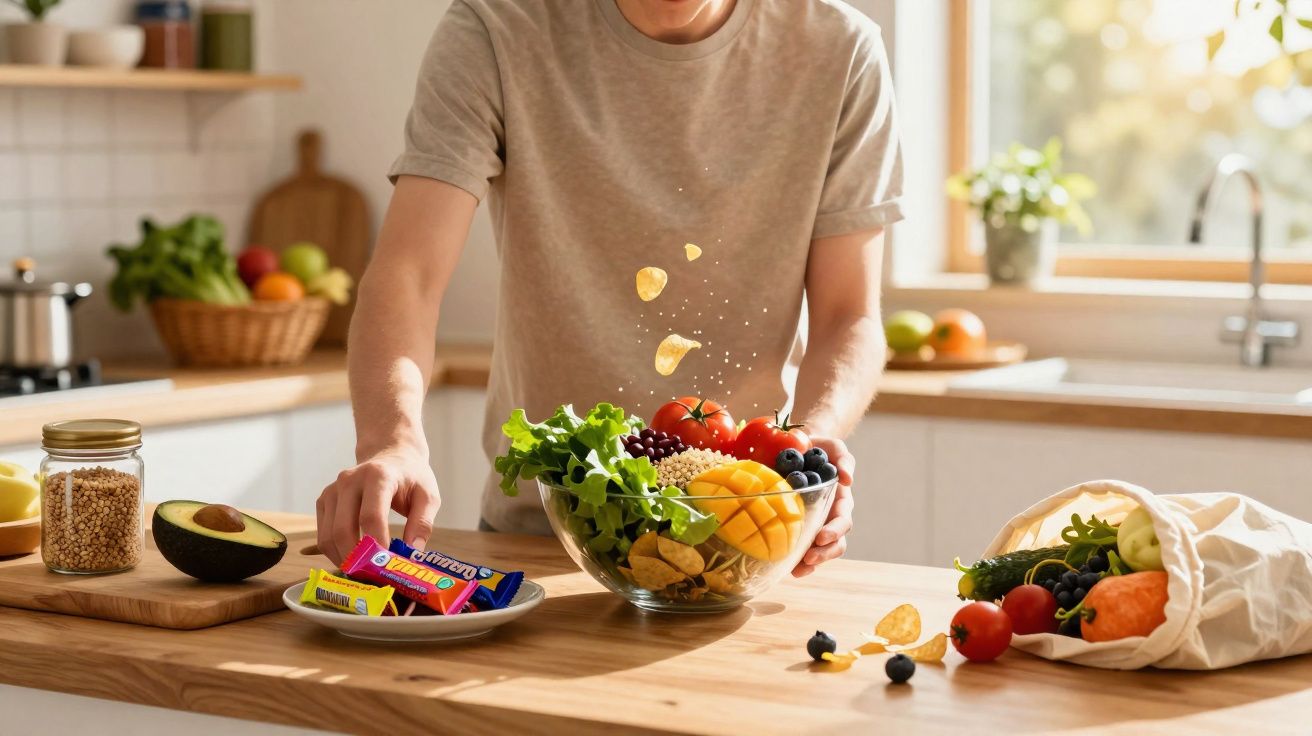 Persona preparando una ensalada con frutas y verduras frescas en una cocina luminosa y ordenada.