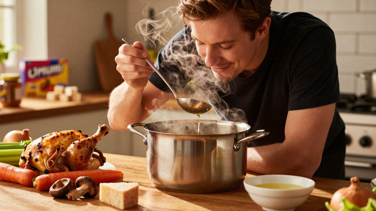 Hombre joven probando sopa caliente de una olla en cocina con ingredientes frescos y pollo asado sobre la mesa.