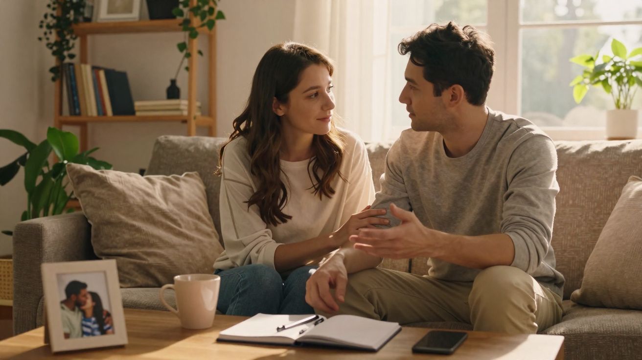 Pareja joven hablando y abrazándose en un sofá, con cuaderno, móvil y taza sobre la mesa delante.