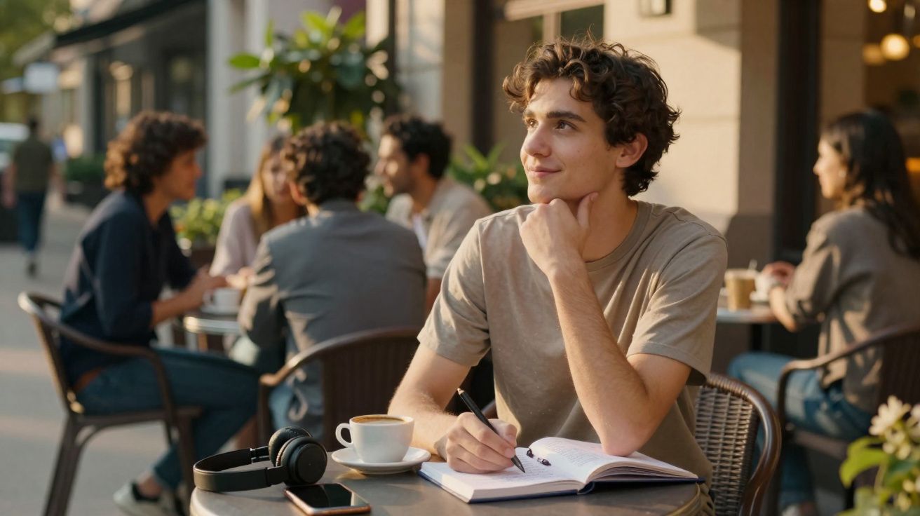 Joven pensativo escribe en un cuaderno sentado en una terraza con café y auriculares sobre la mesa.