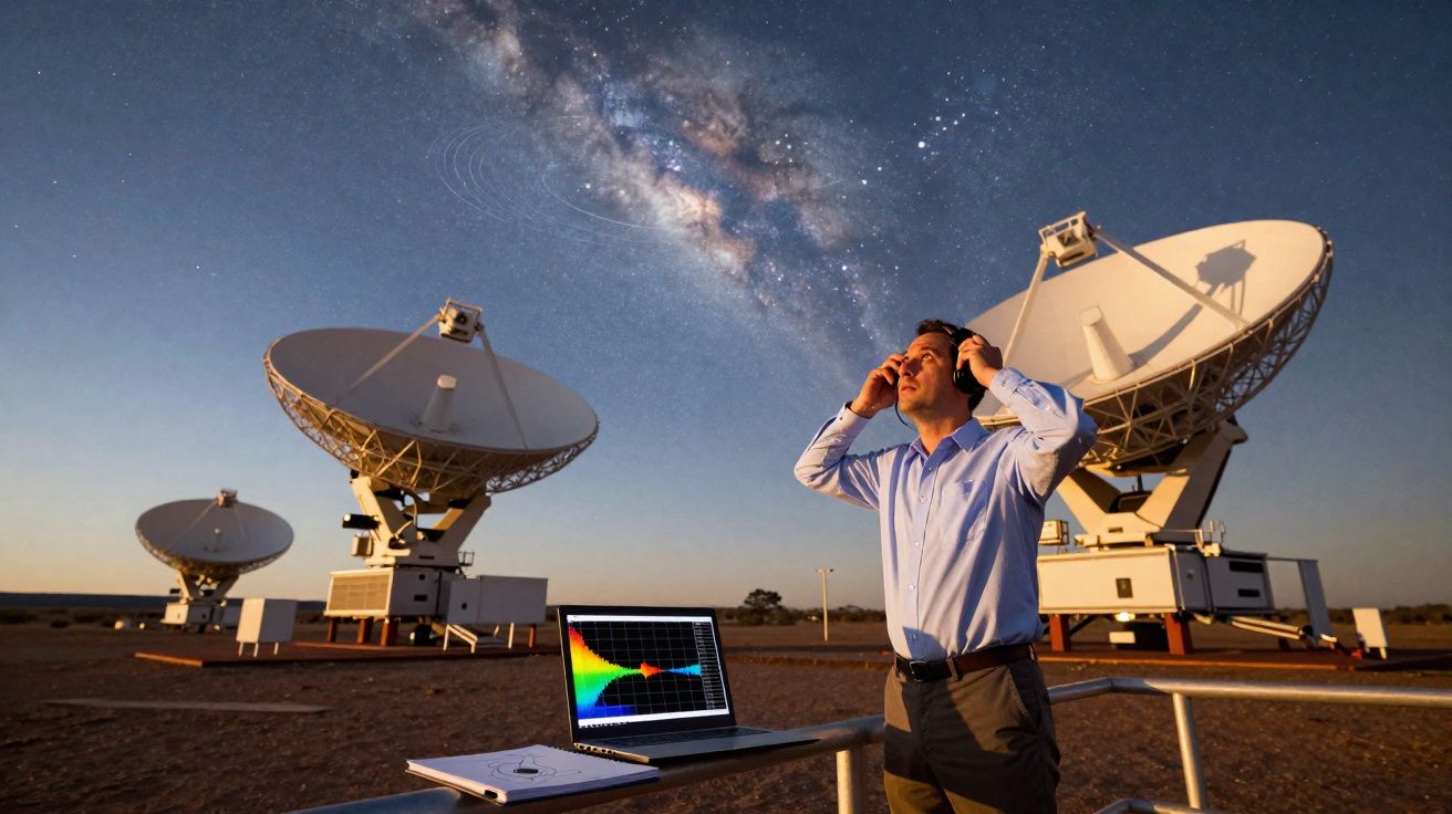 Hombre observando el cielo estrellado junto a antenas parabólicas y portátil con datos astronómicos.