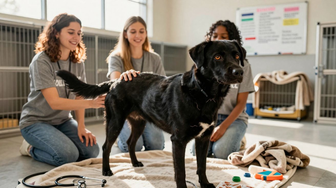Tres mujeres jóvenes acarician a un perro negro en una clínica veterinaria luminosa.