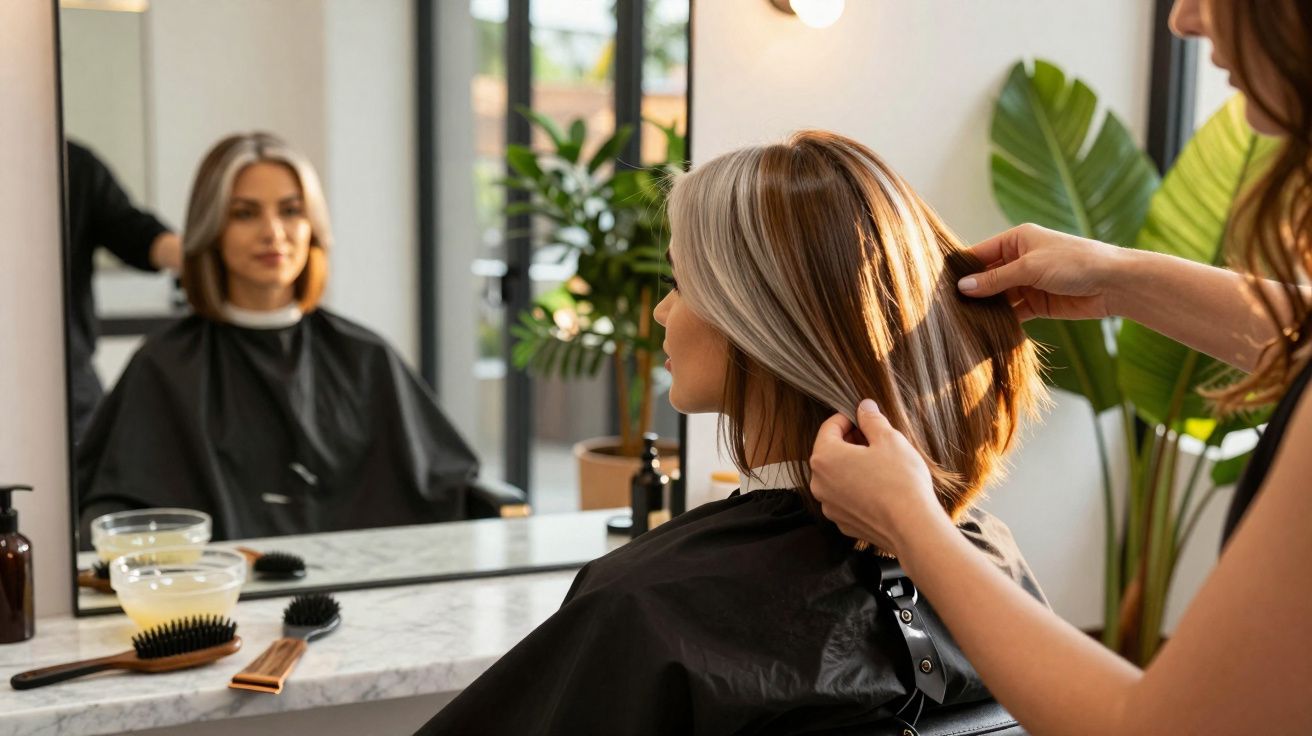 Mujer en peluquería revisando su nuevo corte de cabello en el espejo mientras la estilista lo acomoda.