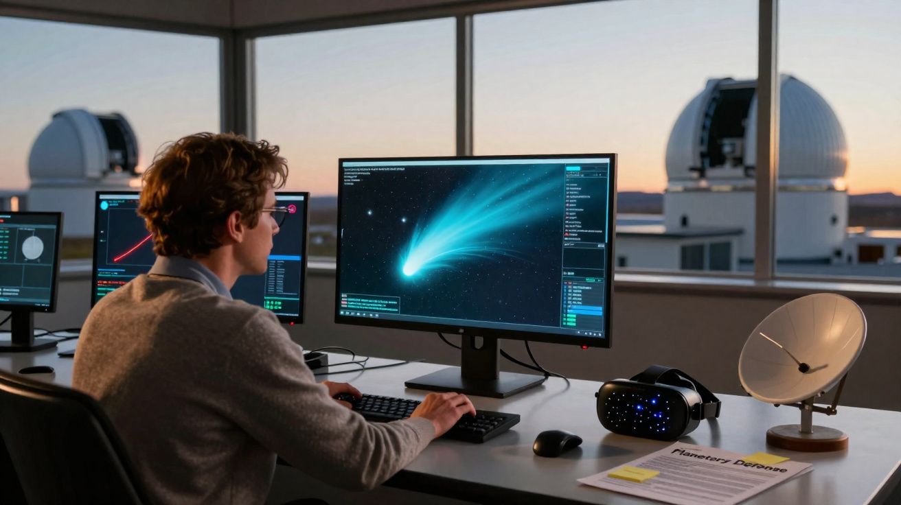 Hombre observando en un ordenador la imagen de un cometa, en un observatorio astronómico al atardecer.