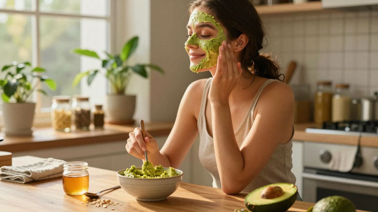 Mujer aplica mascarilla de aguacate en el rostro mientras come guacamole en una cocina luminosa.
