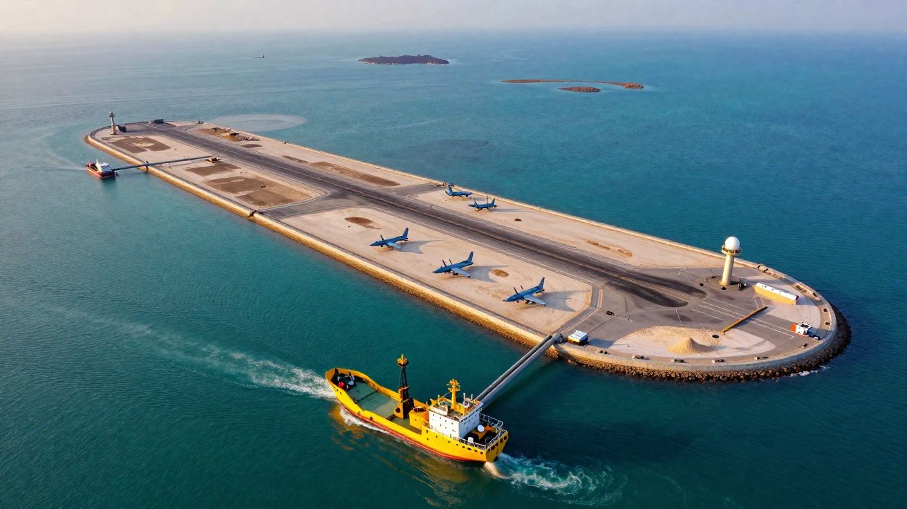 Vista aérea de un puerto con aviones estacionados y un barco amarillo navegando cerca en el mar.