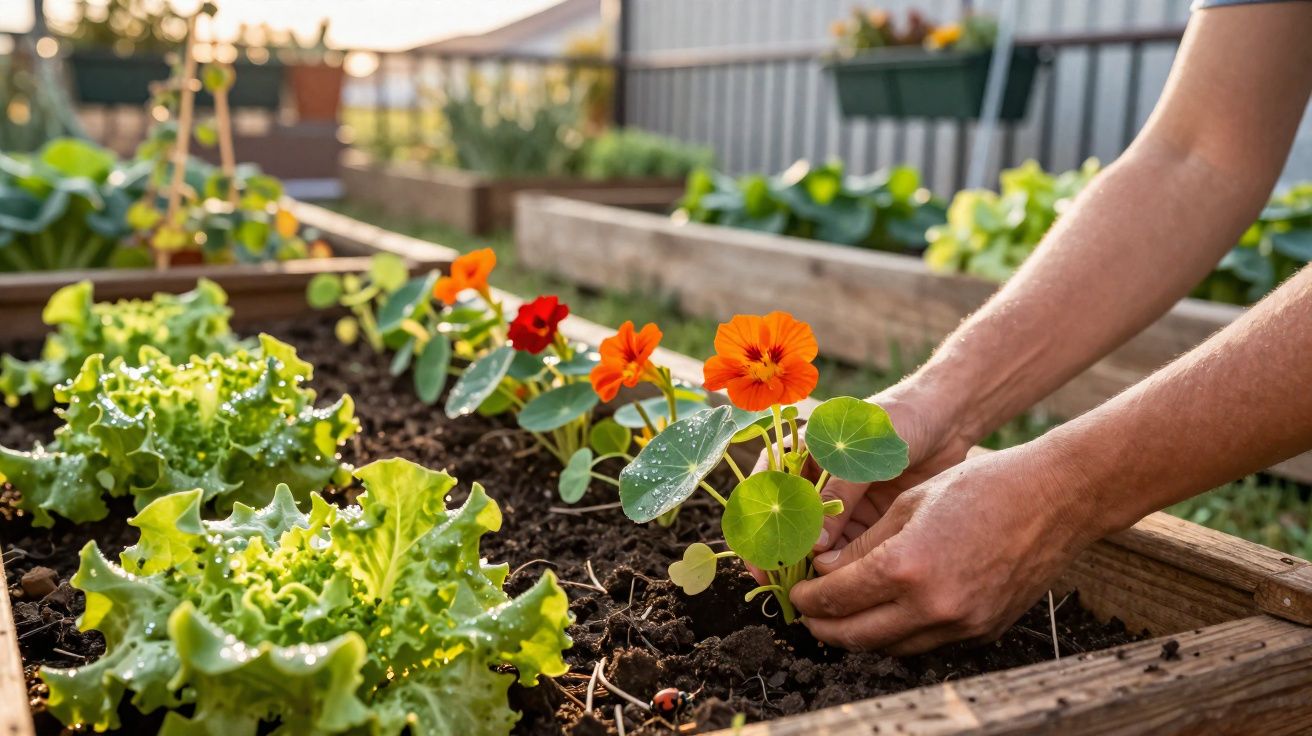 Manos plantando flores naranjas junto a lechugas en una jardinera de madera al aire libre.