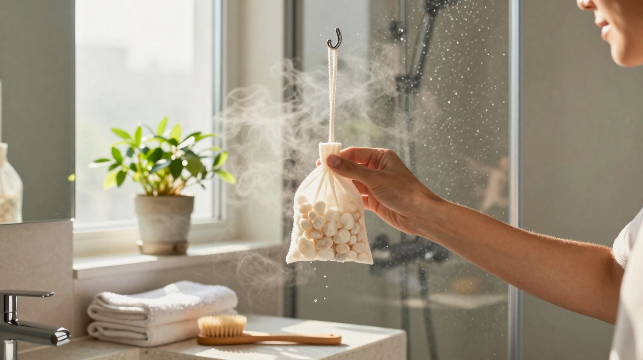 Mano sosteniendo una bolsita aromática colgante en baño con vapor y plantas al fondo.