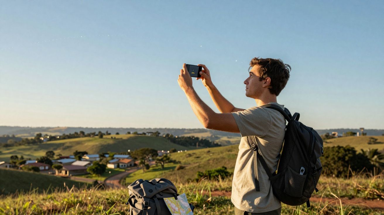 Joven con mochila tomando una foto al paisaje rural desde un campo al atardecer.
