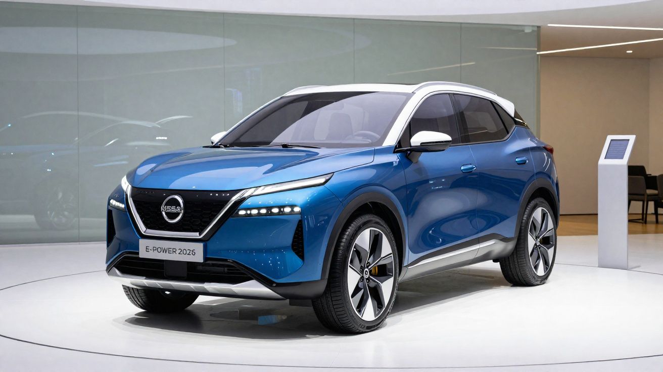 Coche eléctrico azul Nissan E-POWER 2026 expuesto en un salón con fondo blanco y detalles modernos.