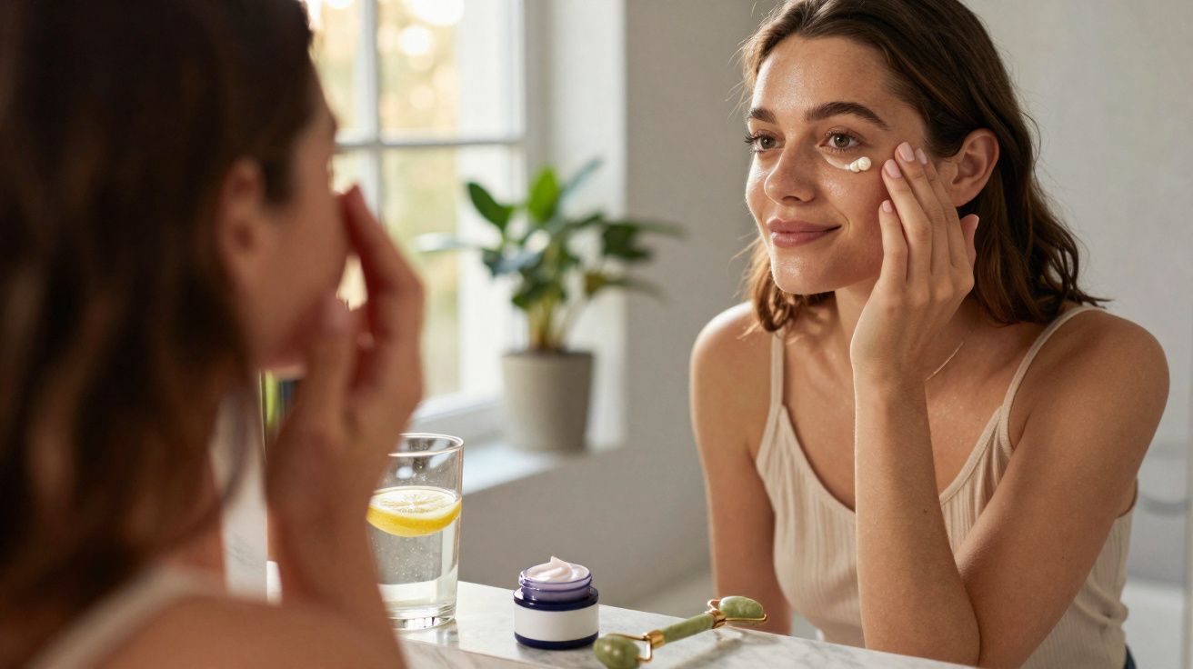 Mujer aplicándose crema facial frente al espejo en un baño luminoso con una planta y un vaso de agua con limón.