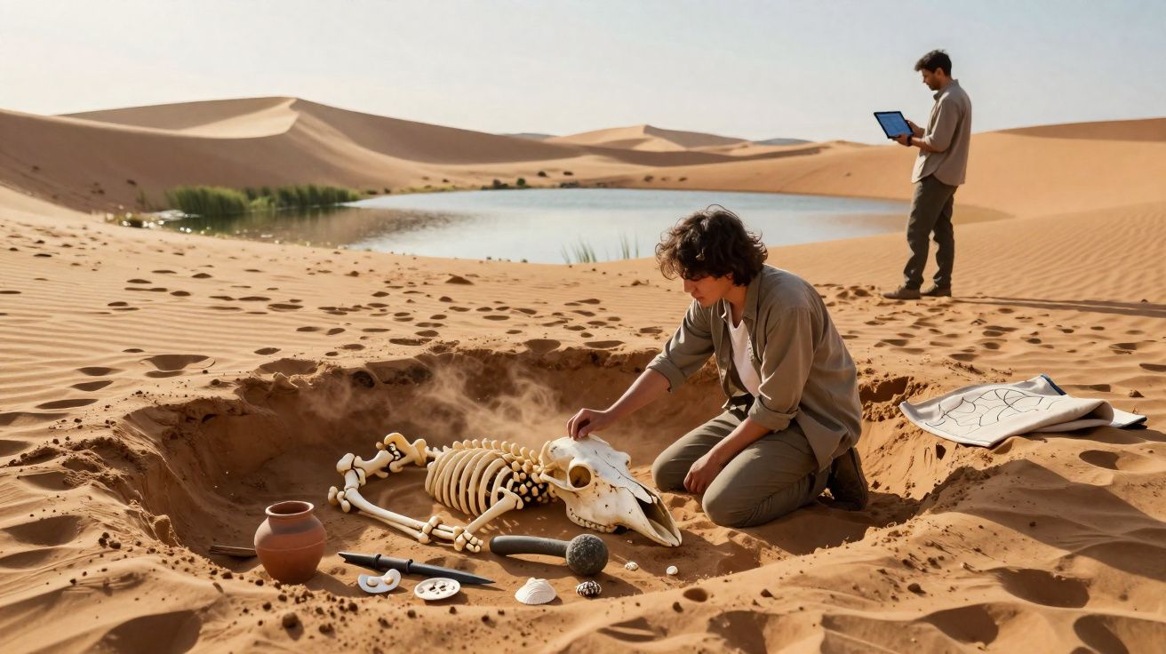 Dos arqueólogos excavan y estudian un esqueleto animal en el desierto cerca de un oasis.