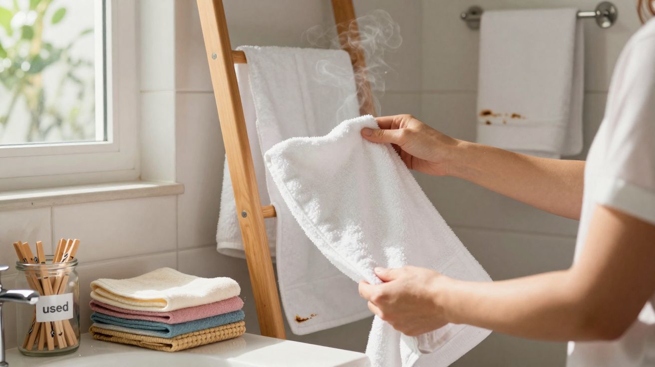 Persona sosteniendo una toalla blanca que aún desprende vapor en un baño iluminado por luz natural.