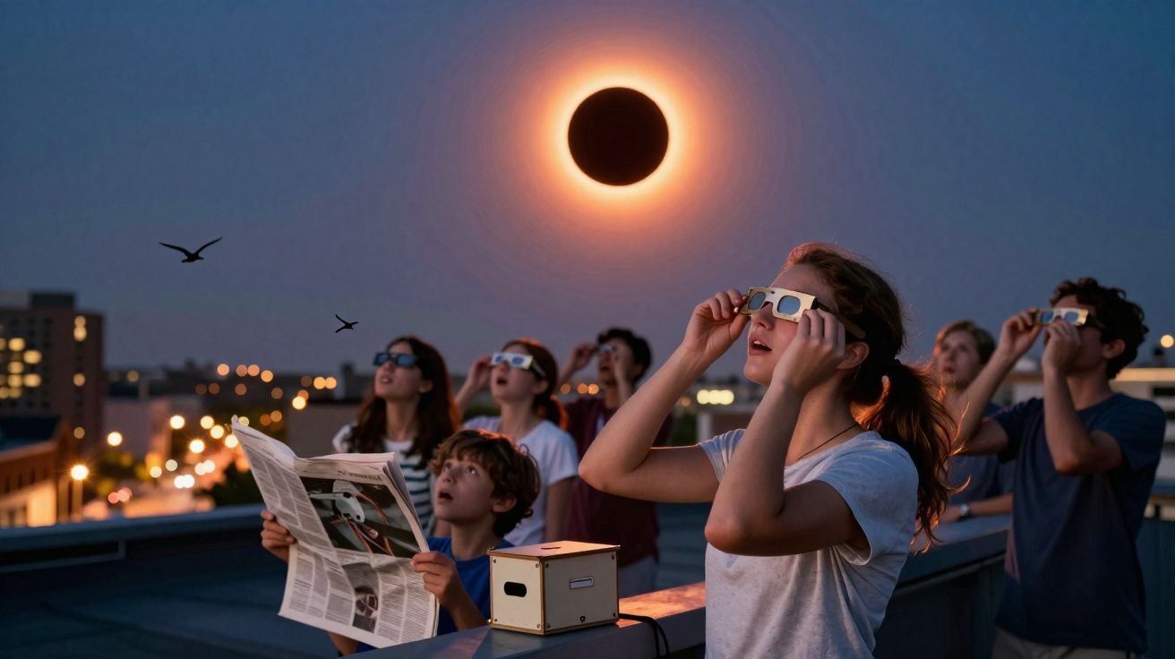 Personas en una azotea observando un eclipse solar con gafas especiales al atardecer.