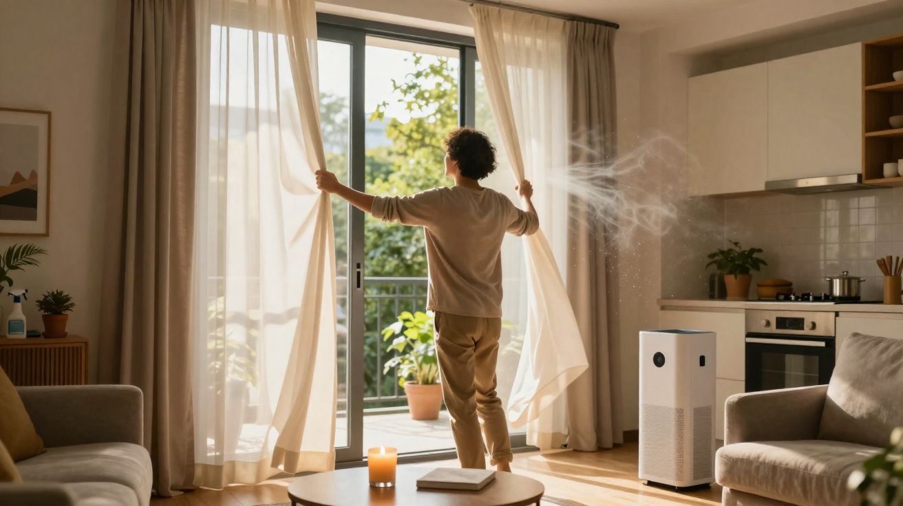 Persona abriendo cortinas en salón luminoso con purificador de aire junto a sofá y mesa de madera.