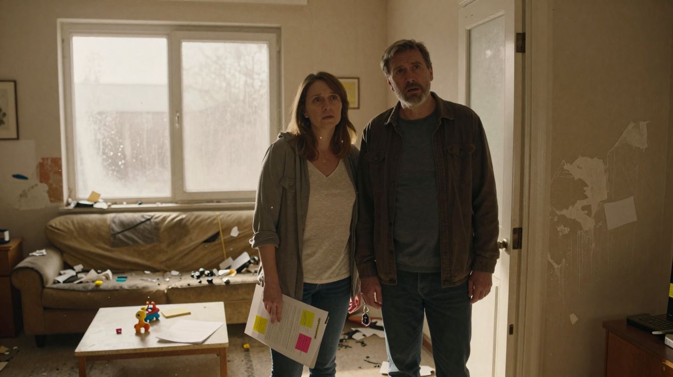 Pareja seria en una habitación desordenada con sofá sucio y paredes deterioradas.