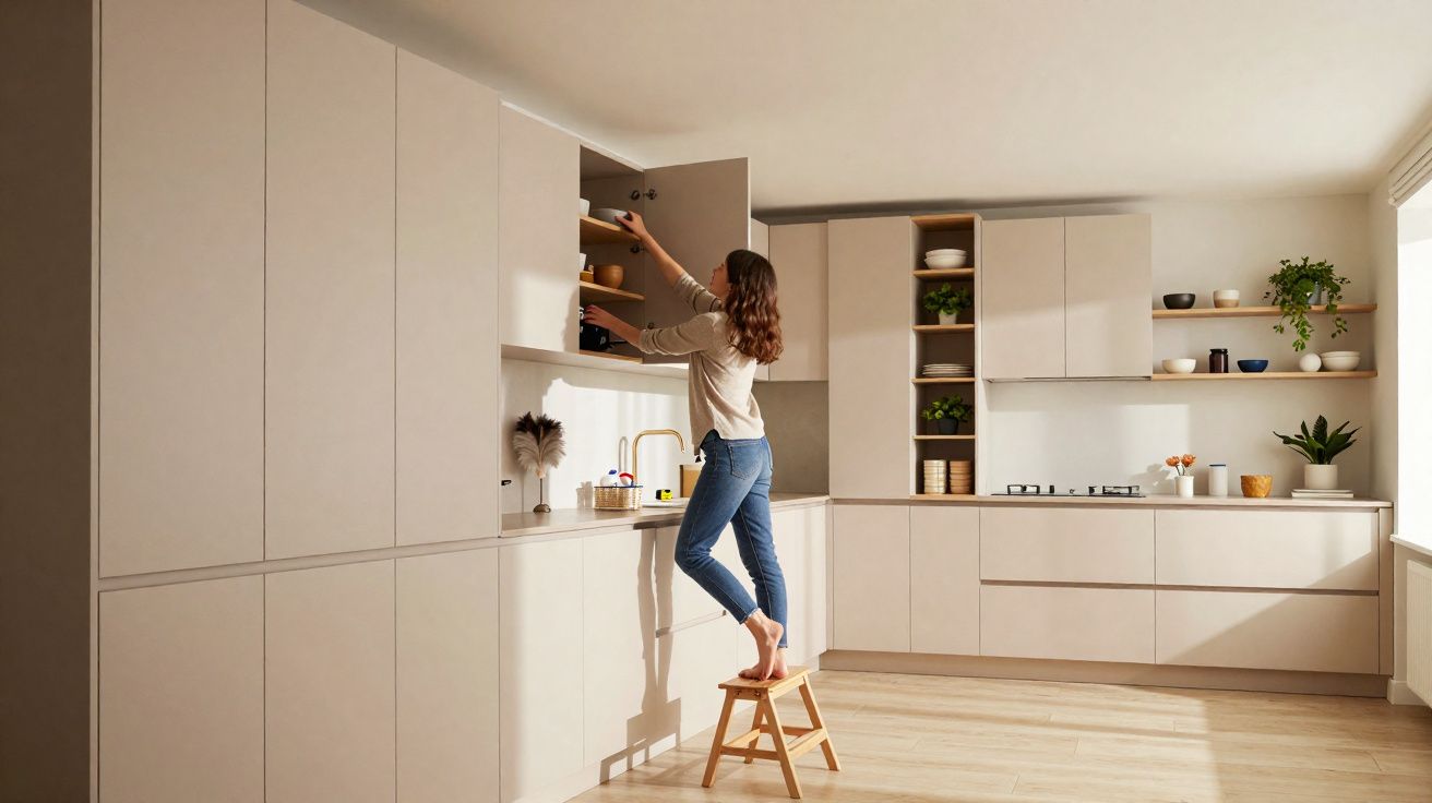 Mujer con jeans alcanzando un objeto en un armario alto de cocina moderna minimalista y luminosa.