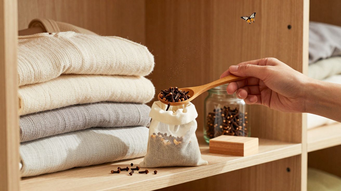 Mano llenando bolsa aromática con clavos de olor en estantería con ropa doblada.