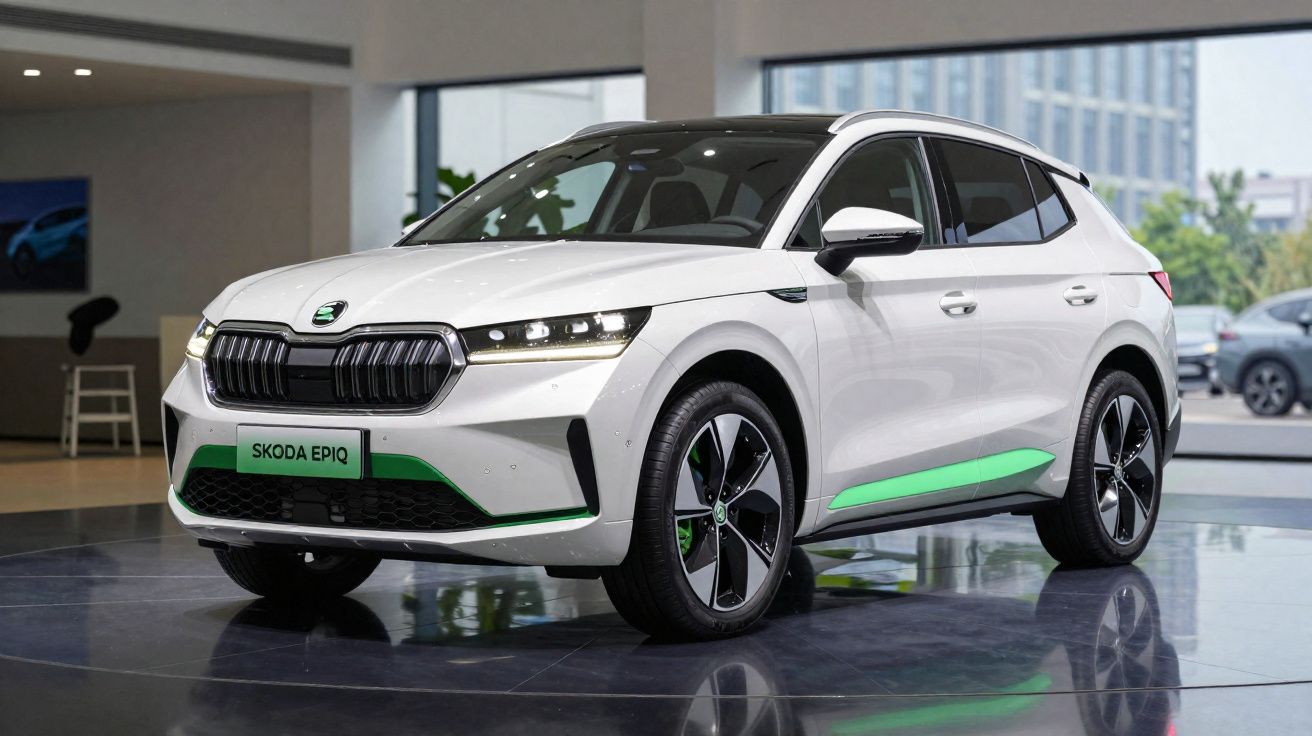 Coche SUV Skoda Epiq blanco en exposición, con detalles verdes y techo negro, en espacio interior moderno.