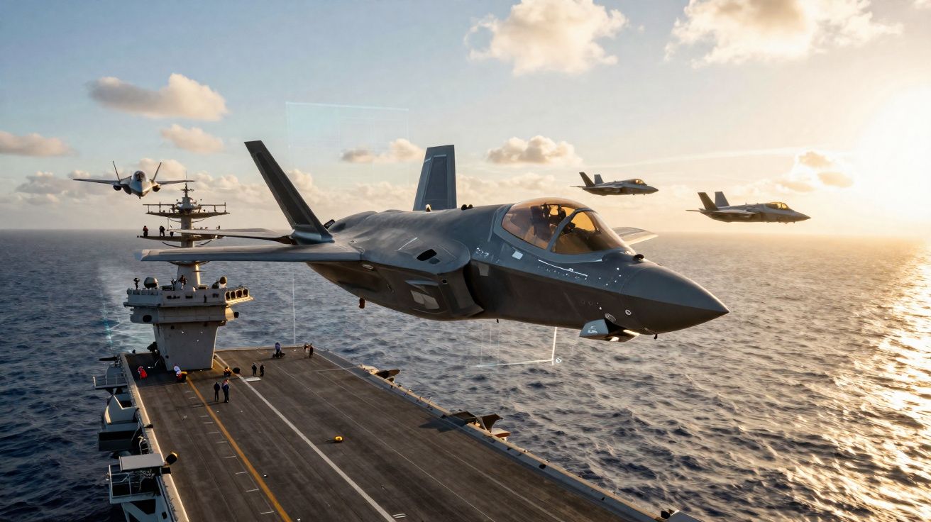 Aviones de combate volando sobre un portaaviones en el océano al atardecer.