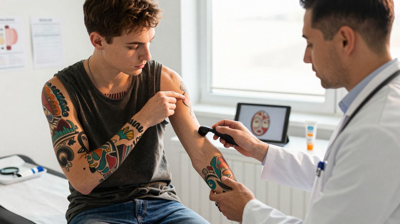 Joven con tatuajes recibiendo prueba cutánea de un médico en consulta luminosa y moderna.