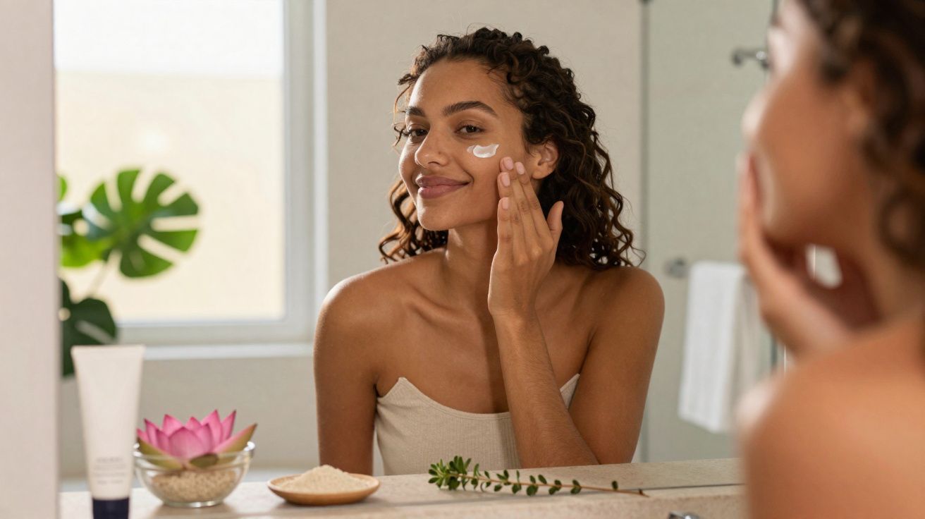 Mujer aplicándose crema facial frente al espejo en un baño con plantas y productos de cuidado.