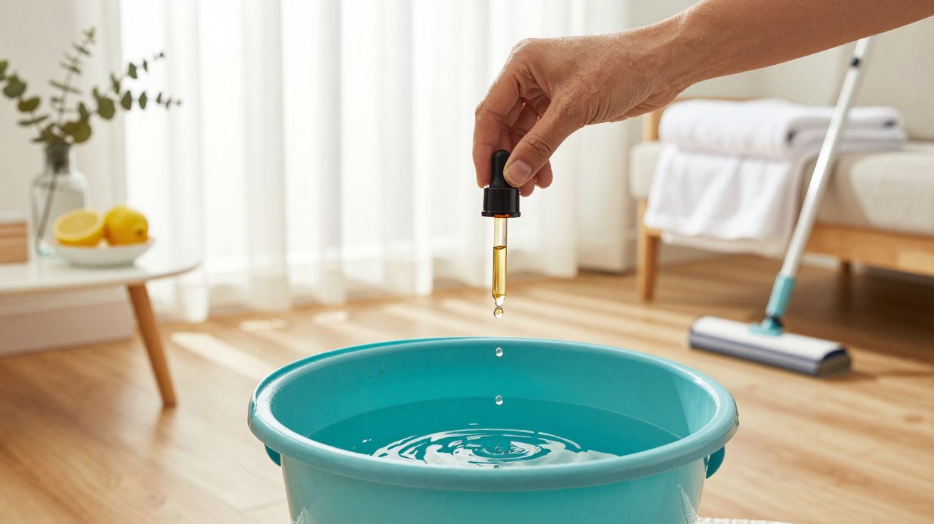 Mano dejando caer gotas de esencia aromática en un cubo azul con agua en una sala luminosa y ordenada.