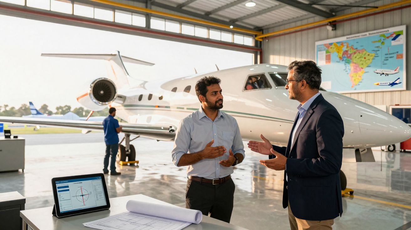 Dos hombres hablan frente a un avión privado en un hangar con planos y una tableta en primer plano.