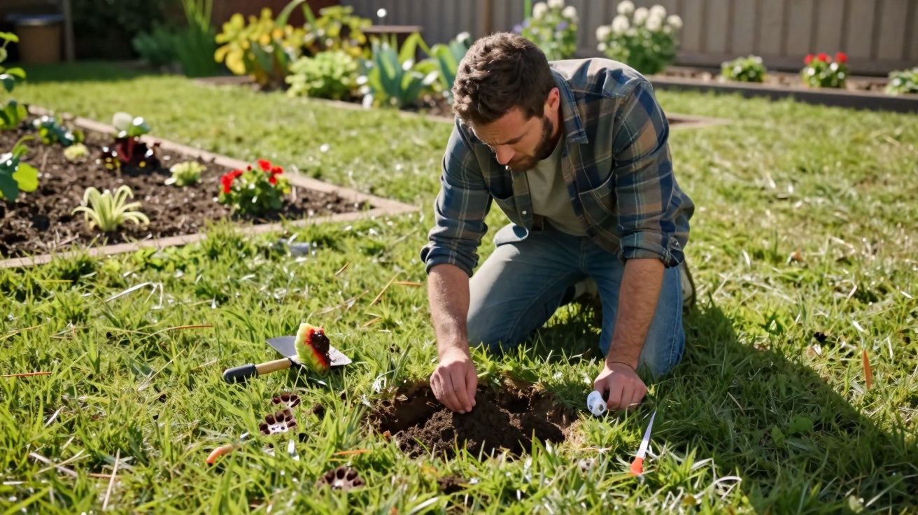 Hombre arrodillado plantando bulbos en un jardín con flores y herramientas de jardinería a su lado.