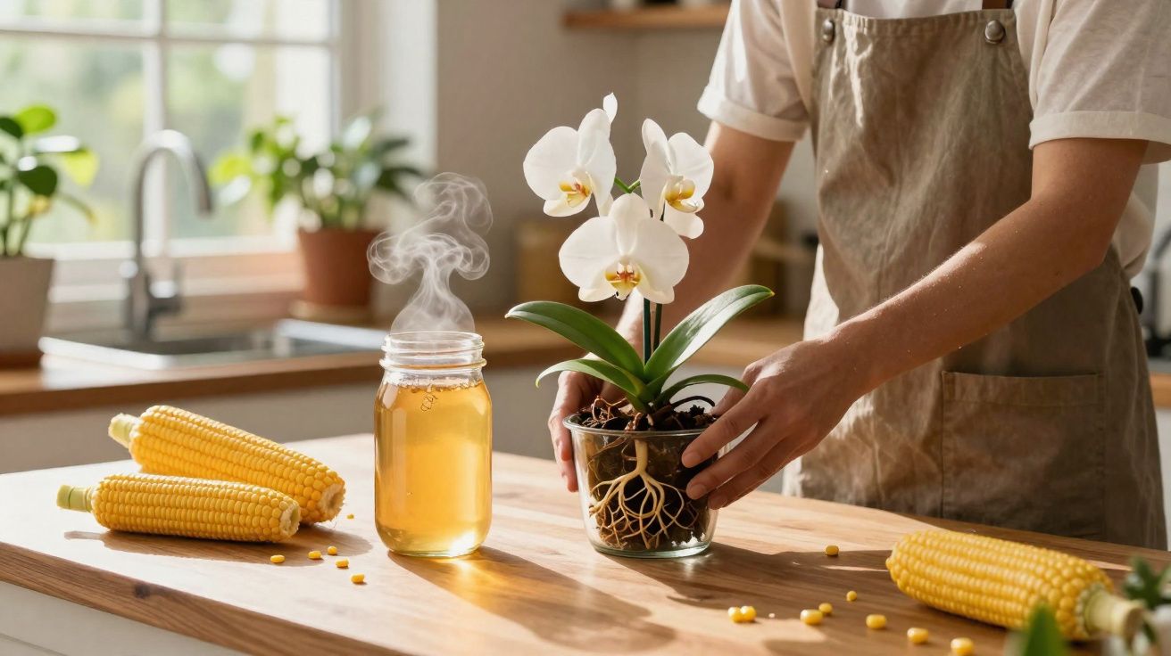 Persona con delantal trasplantando orquídea blanca en maceta de cristal en cocina con mazorcas de maíz y frasco humeante.