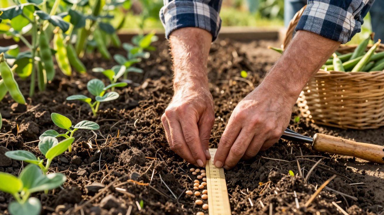 Manos plantando semillas con regla en tierra de huerto con plantas y cesta al fondo.