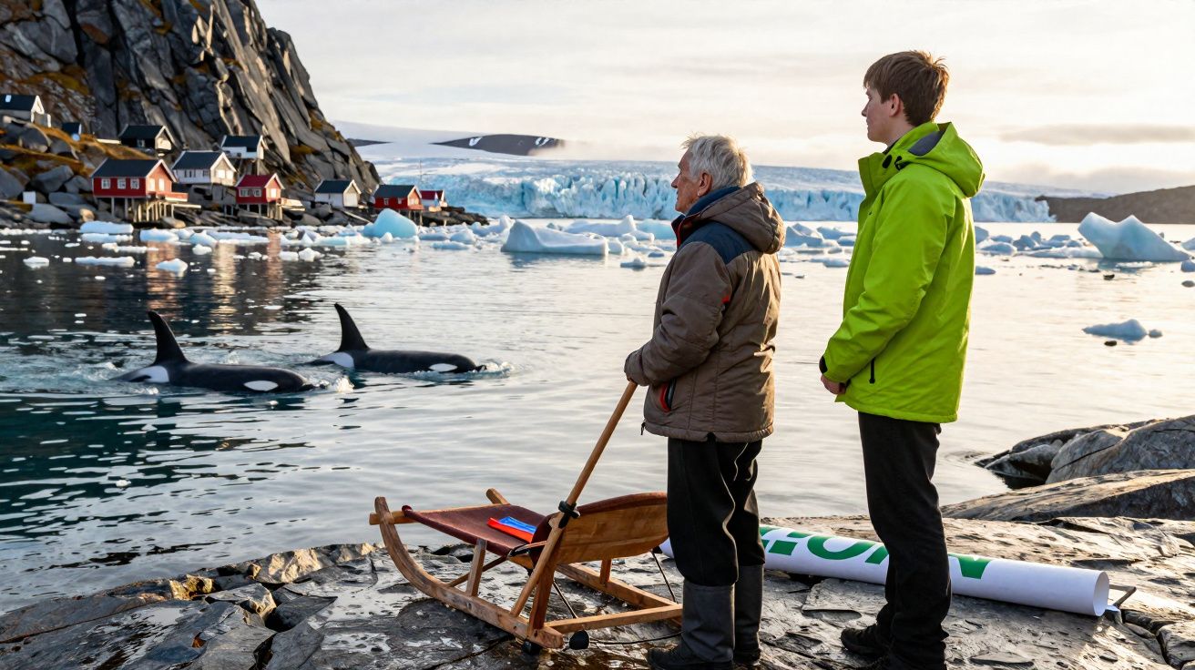 Dos personas observan orcas en el agua junto a un trineo de madera y casas rojas en un paisaje ártico con hielo.