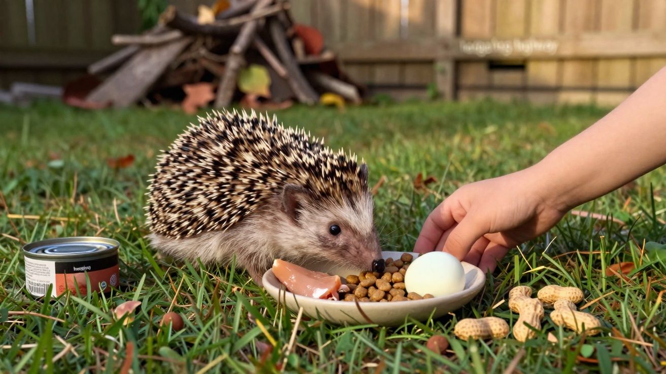 Erizo comiendo de un plato con pienso y un huevo duro en el césped, junto a una mano humana.