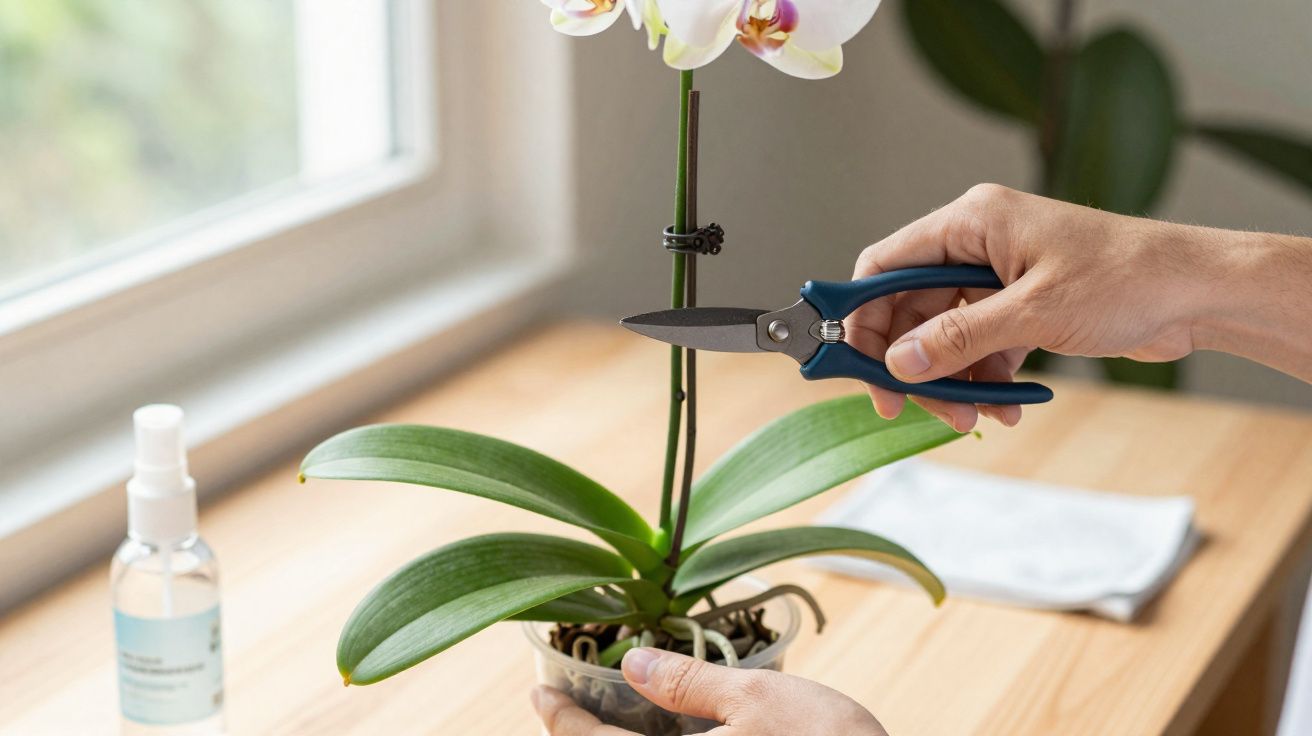 Manos podando con tijeras una orquídea blanca en maceta sobre una mesa cerca de una ventana.