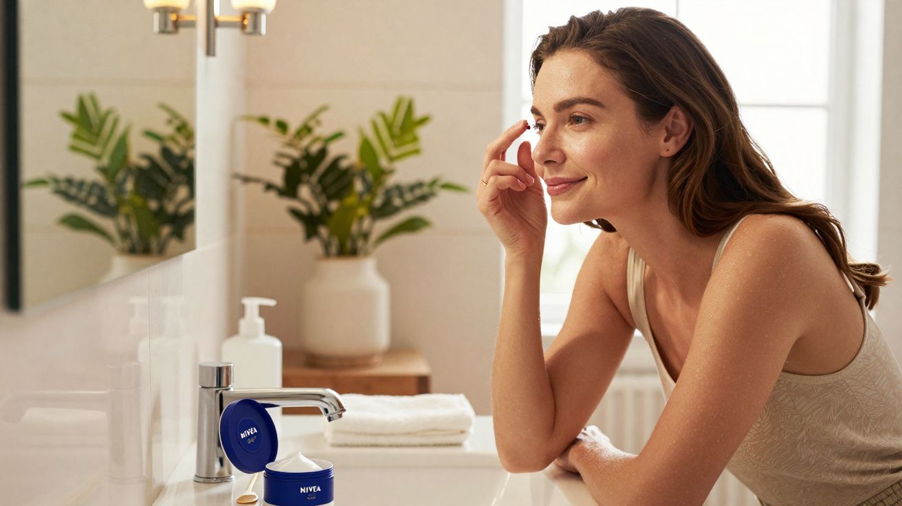 Mujer aplicándose crema facial junto al lavabo con tarro de Nivea en un baño luminoso y decorado con plantas.