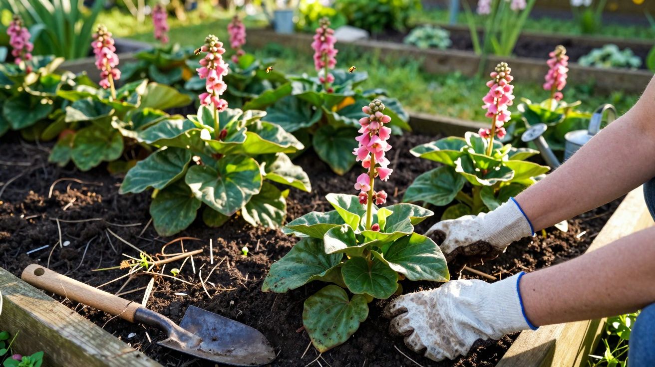 Manos con guantes plantando flores rosas en un huerto con tierra y herramienta de jardín al sol.